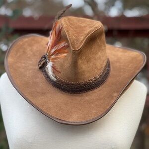 Vintage Suede Leather Cowboy Hat with Feather Accent